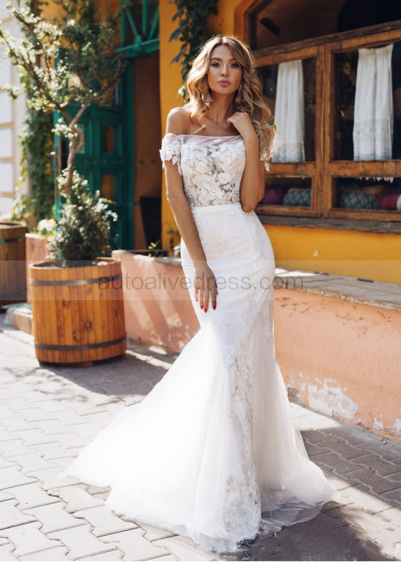 Beaded White Lace Tulle Chic Wedding Dress
